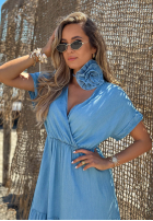 Rochie midi z lyocellu z falbankami i paskiem z różą Rosa Sea albastru deschis