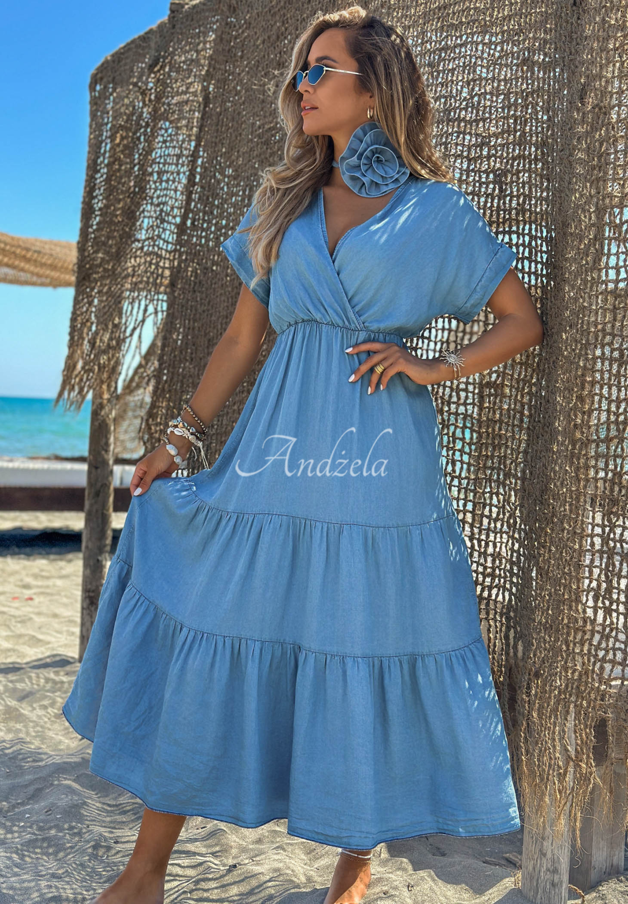Rochie din lyocell cu volănașe și curea cu trandafir Rosa Sea