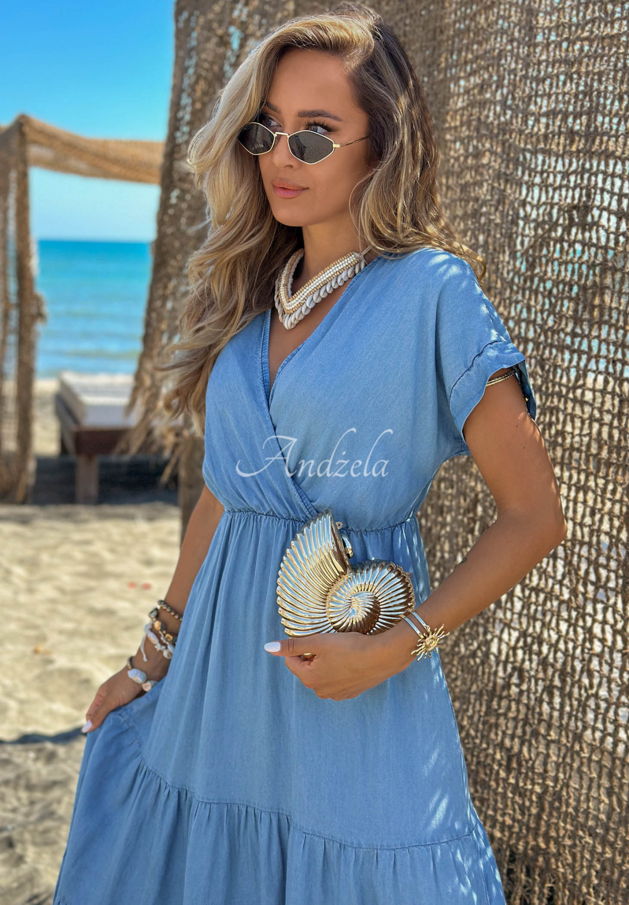 Rochie din lyocell cu volănașe și curea cu trandafir Rosa Sea