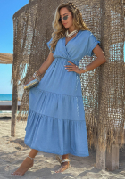 Rochie midi z lyocellu z falbankami i paskiem z różą Rosa Sea albastru deschis