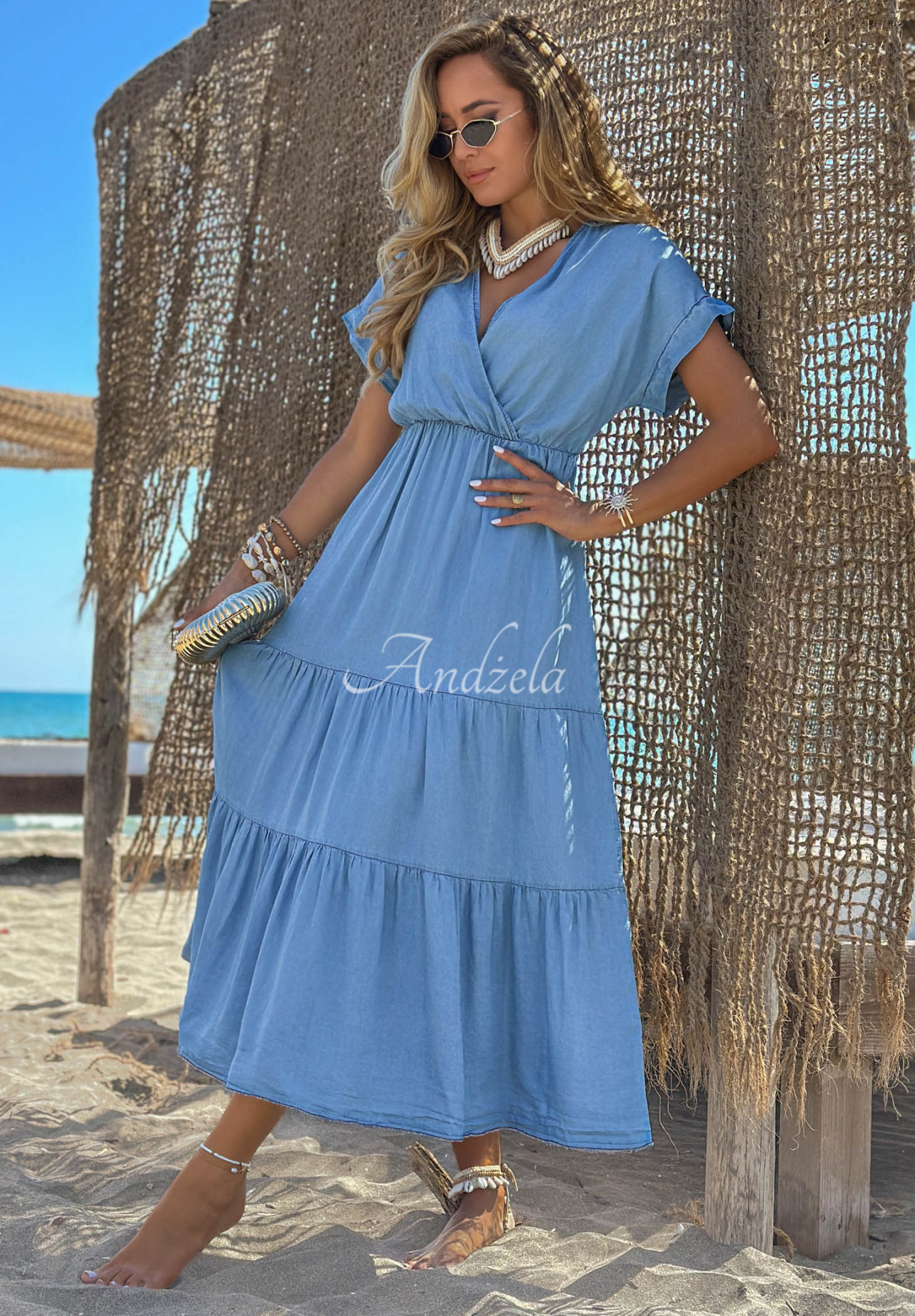 Rochie din lyocell cu volănașe și curea cu trandafir Rosa Sea