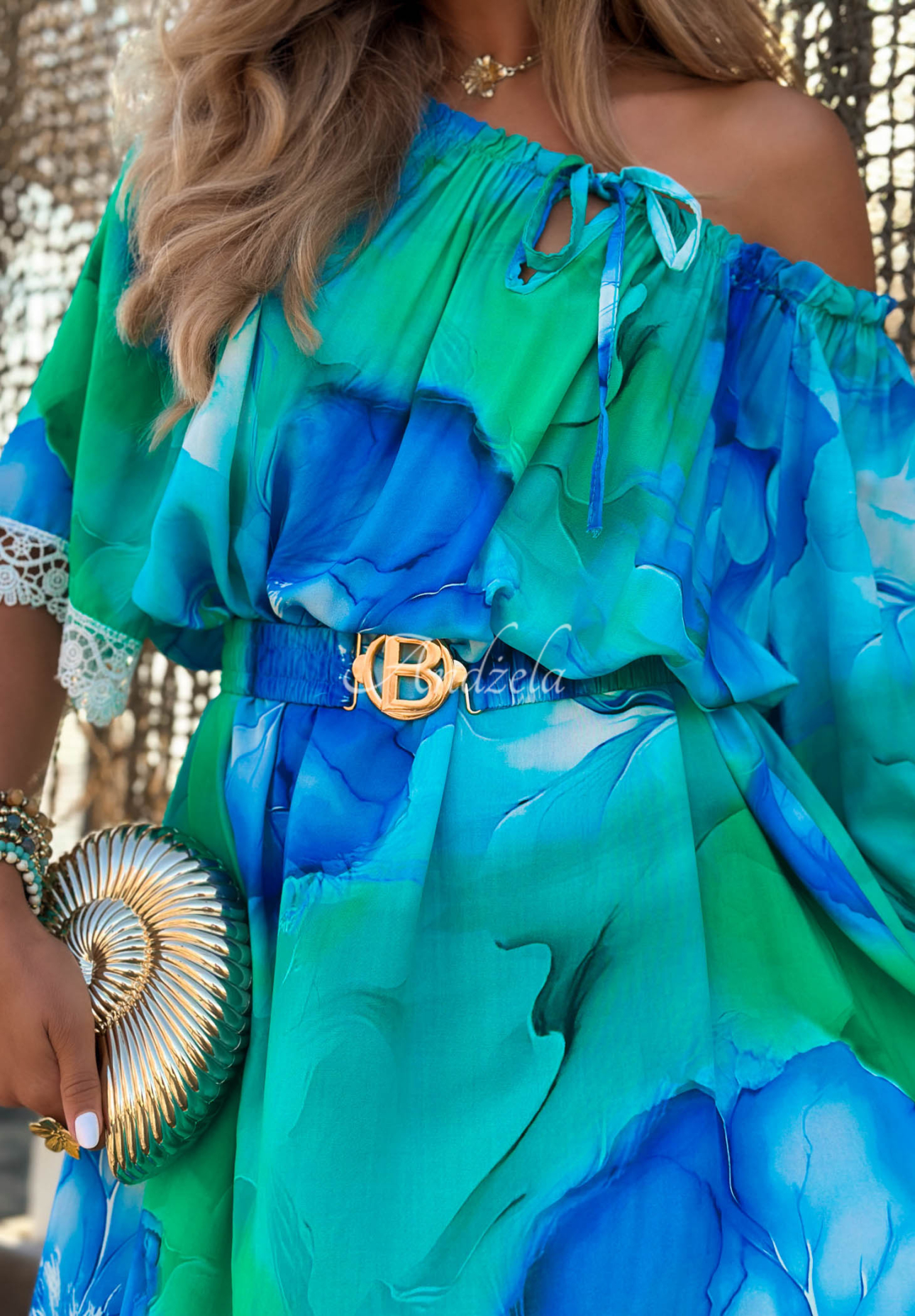 Rochie spaniolă asimetrică cu imprimeu din viscoză Aqua Mirage