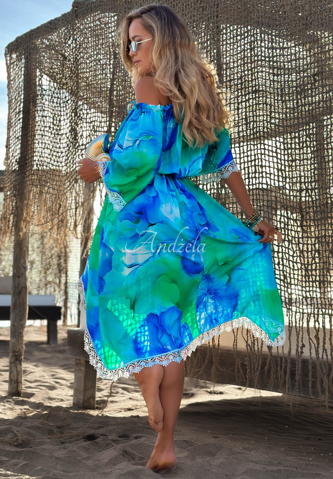 Rochie spaniolă asimetrică cu imprimeu din viscoză Aqua Mirage