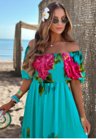 Kwiecista Rochie maxi z bufkami Ocean Flowers turcuoaz