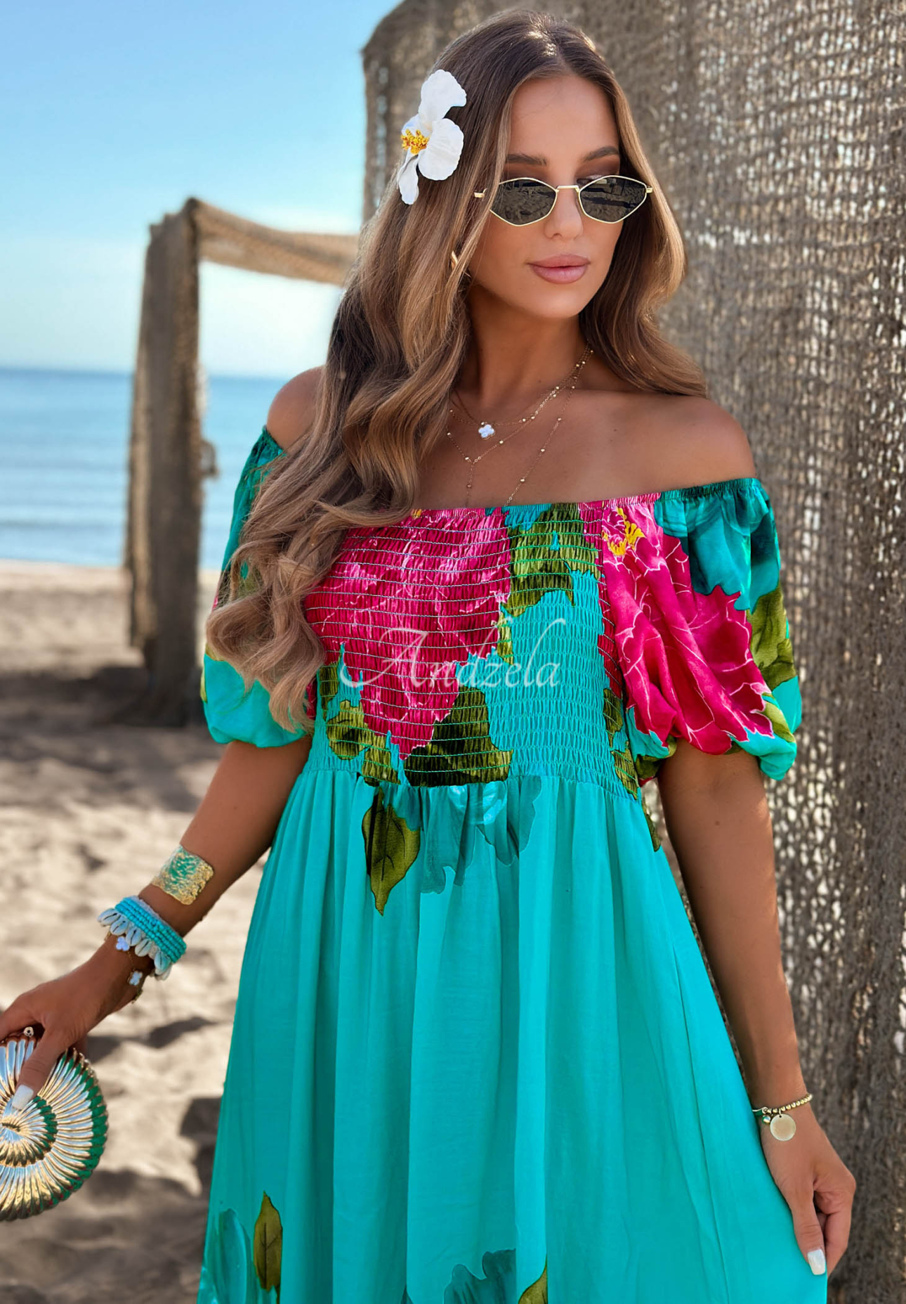 Rochie maxi spaniolă din viscoză cu flori și volănașe Fiore Sole