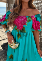 Kwiecista Rochie maxi z bufkami Ocean Flowers turcuoaz