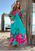 Kwiecista Rochie maxi z bufkami Ocean Flowers turcuoaz