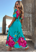 Kwiecista Rochie maxi z bufkami Ocean Flowers turcuoaz
