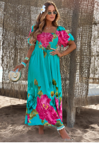 Kwiecista Rochie maxi z bufkami Ocean Flowers turcuoaz
