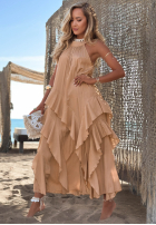 Asymetryczna Rochie na ramiączkach z falbankami Lagoon Queen camel