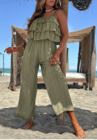 Długi Salopetă wide leg na ramiączkach z falbankami Ocean Charm bej