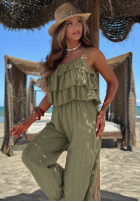 Długi Salopetă wide leg na ramiączkach z falbankami Ocean Charm bej