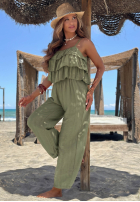 Długi Salopetă wide leg na ramiączkach z falbankami Ocean Charm bej