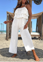 Długi Salopetă wide leg na ramiączkach z falbankami Ocean Charm bej