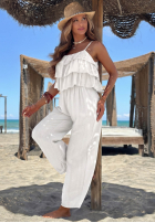 Długi Salopetă wide leg na ramiączkach z falbankami Ocean Charm bej