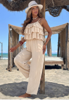 Długi Salopetă wide leg na ramiączkach z falbankami Ocean Charm bej