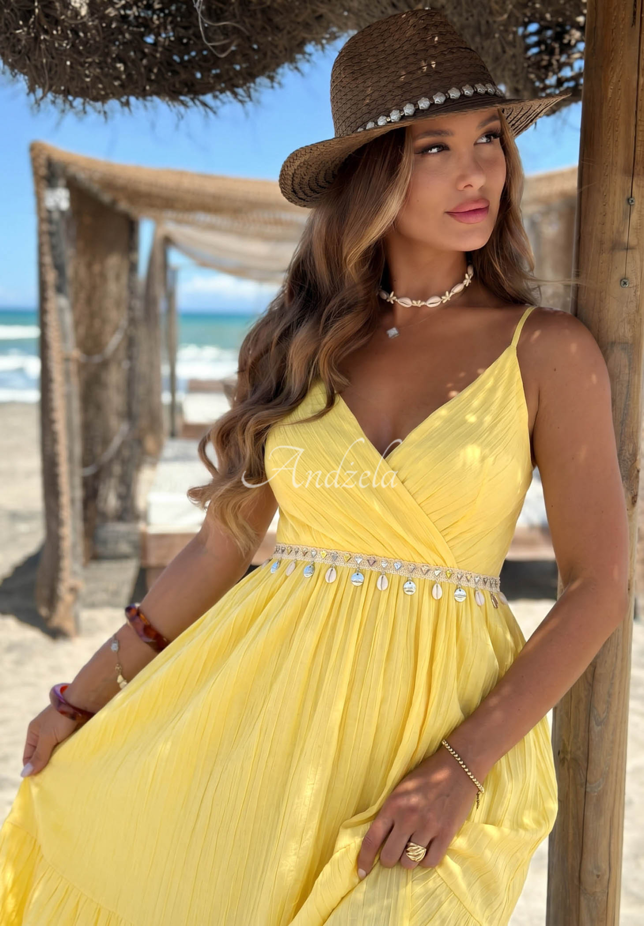 Rochie din viscoză cu bretele și aplicație decorativă Island Muse
