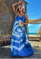 Rochie maxi na ramiączkach tie dye Deep Sea kobaltowo-albă