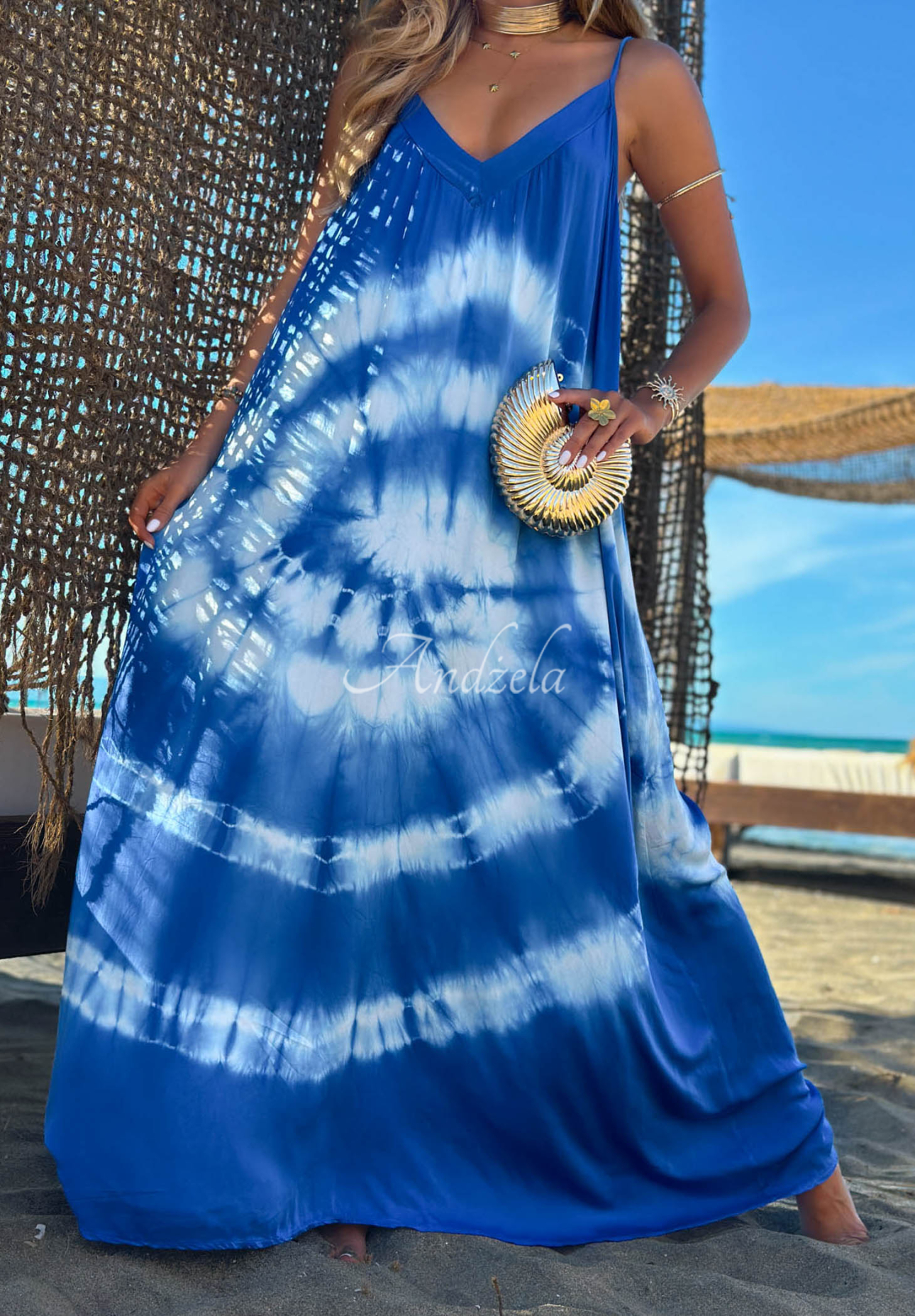 Rochie maxi din viscoză cu bretele tie dye Deep Sea