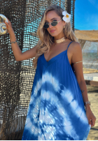 Rochie maxi na ramiączkach tie dye Deep Sea kobaltowo-albă