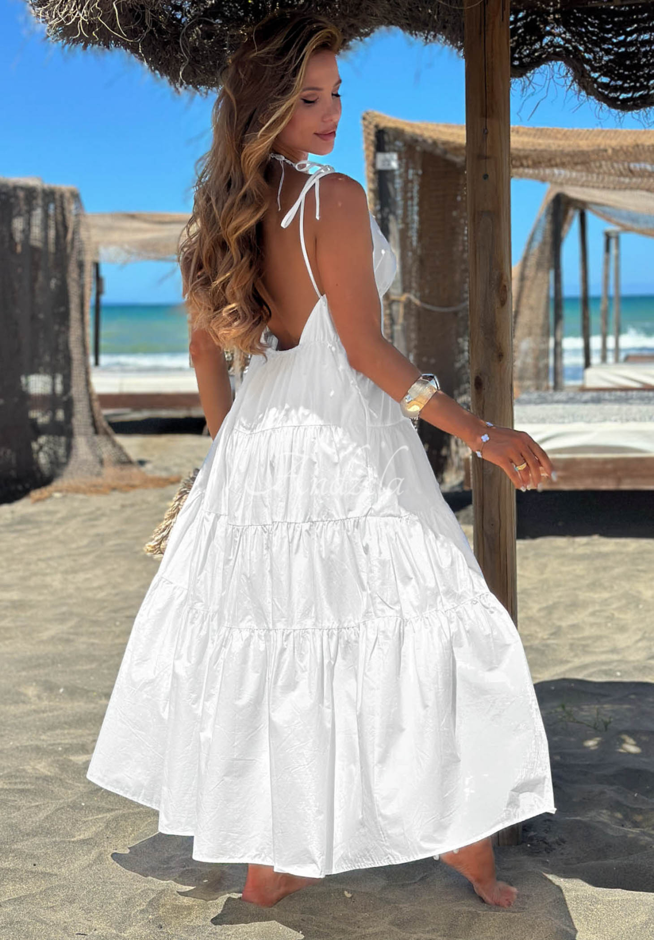 Rochie maxi din bumbac cu bretele și volănașe Summer Pearl