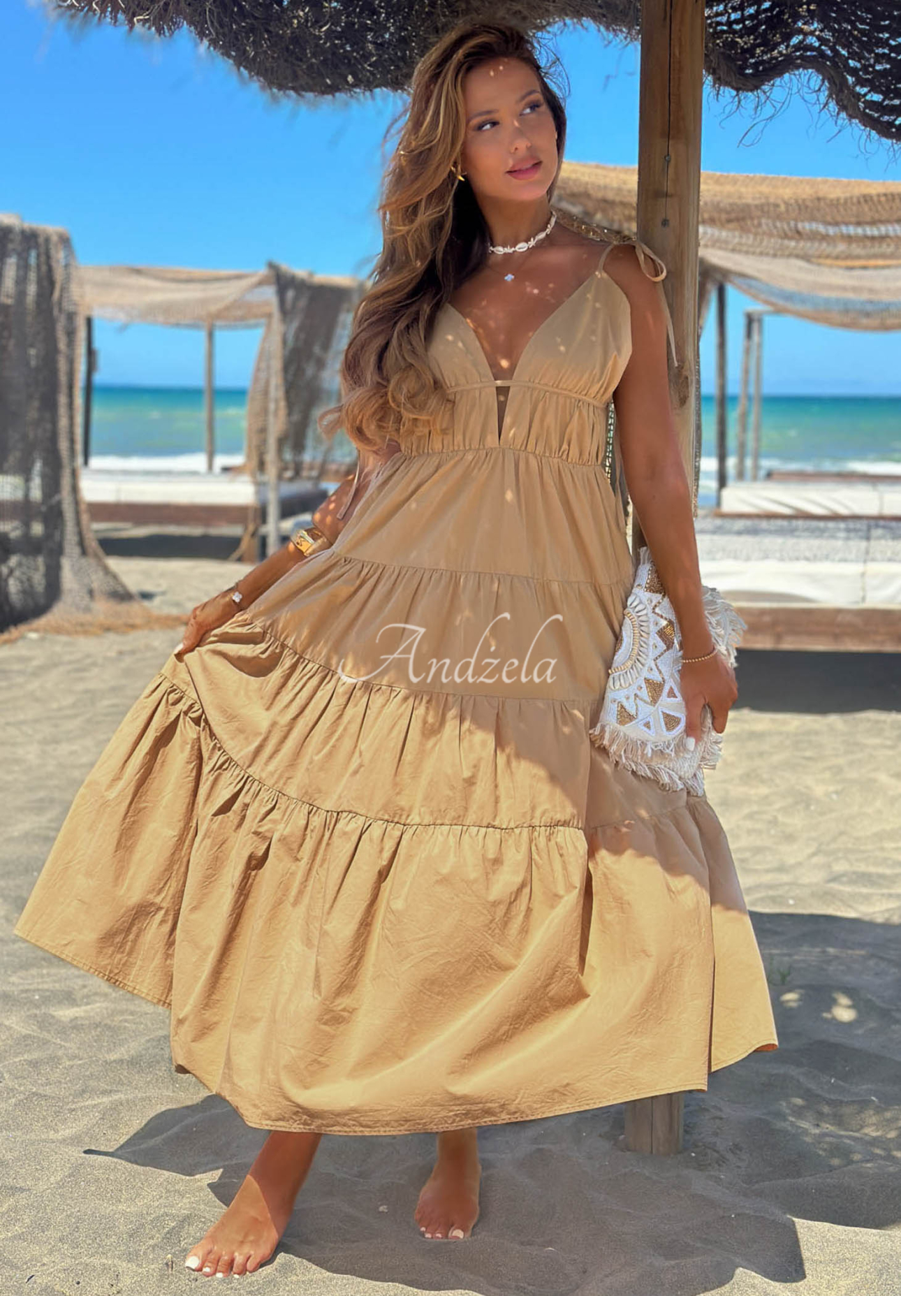 Rochie maxi din bumbac cu bretele și volănașe Summer Pearl