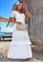 Ażurowa Rochie maxi z bufkami boho Pearl Glow albă