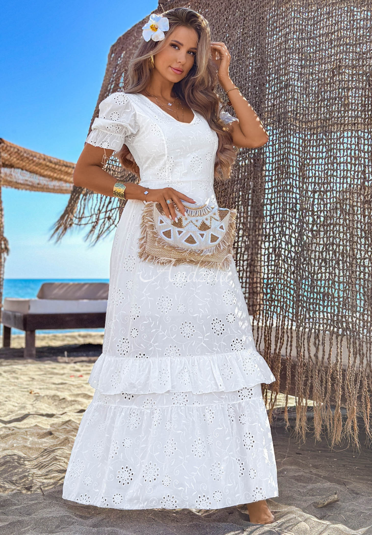 Rochie maxi ajurată cu mâneci bufante boho Pearl Glow