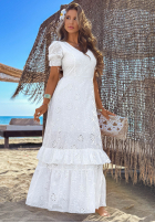 Ażurowa Rochie maxi z bufkami boho Pearl Glow albă