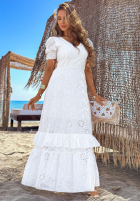 Ażurowa Rochie maxi z bufkami boho Pearl Glow albă