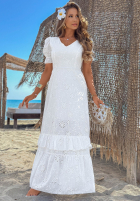 Ażurowa Rochie maxi z bufkami boho Pearl Glow albă
