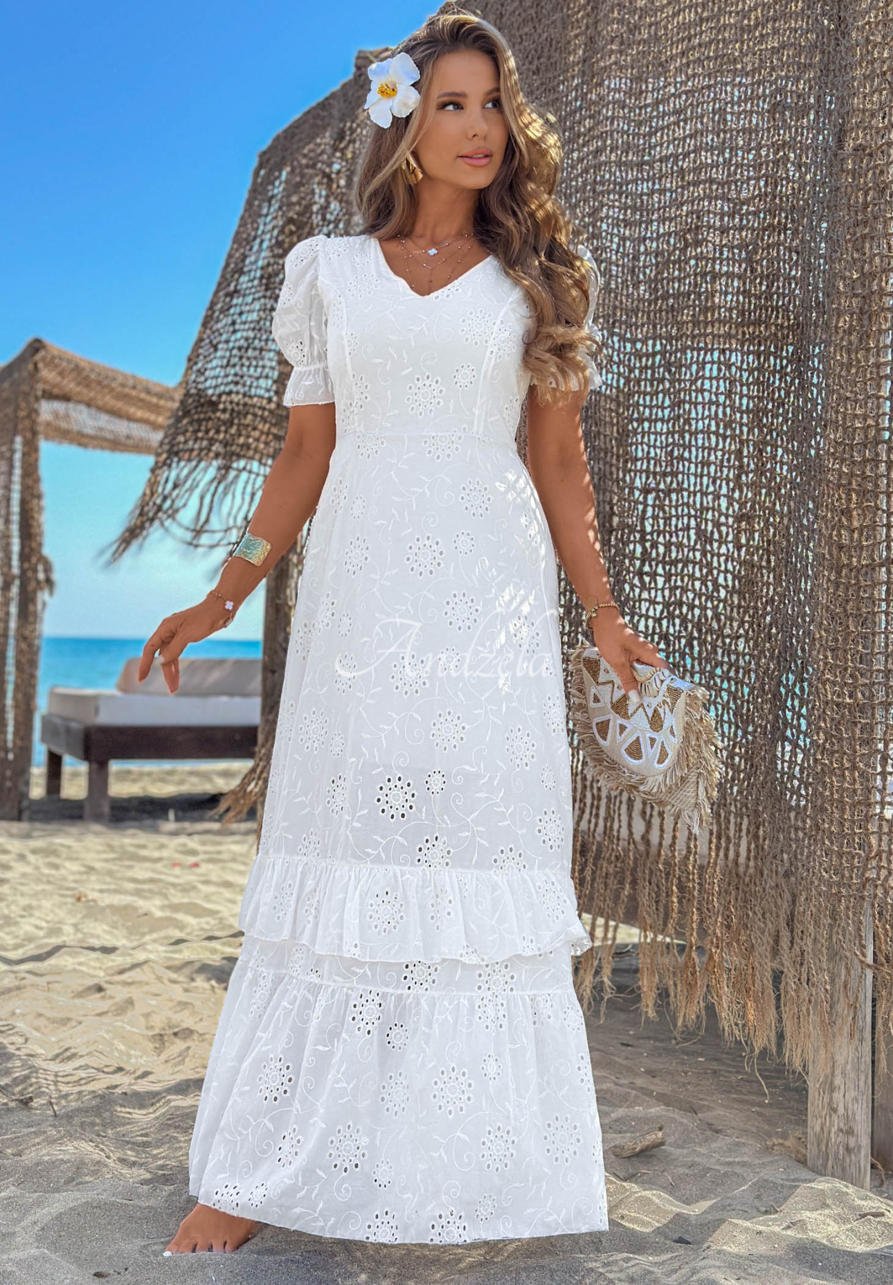 Rochie maxi ajurată cu mâneci bufante boho Pearl Glow