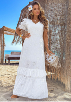 Ażurowa Rochie maxi z bufkami boho Pearl Glow albă
