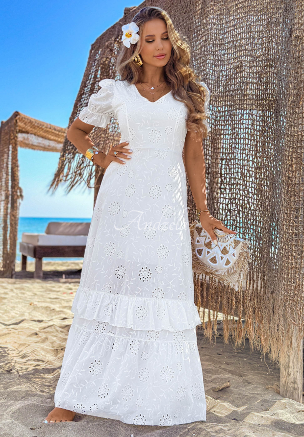 Rochie maxi ajurată cu m&acirc;neci bufante boho Pearl Glow