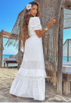 Ażurowa Rochie maxi z bufkami boho Pearl Glow albă