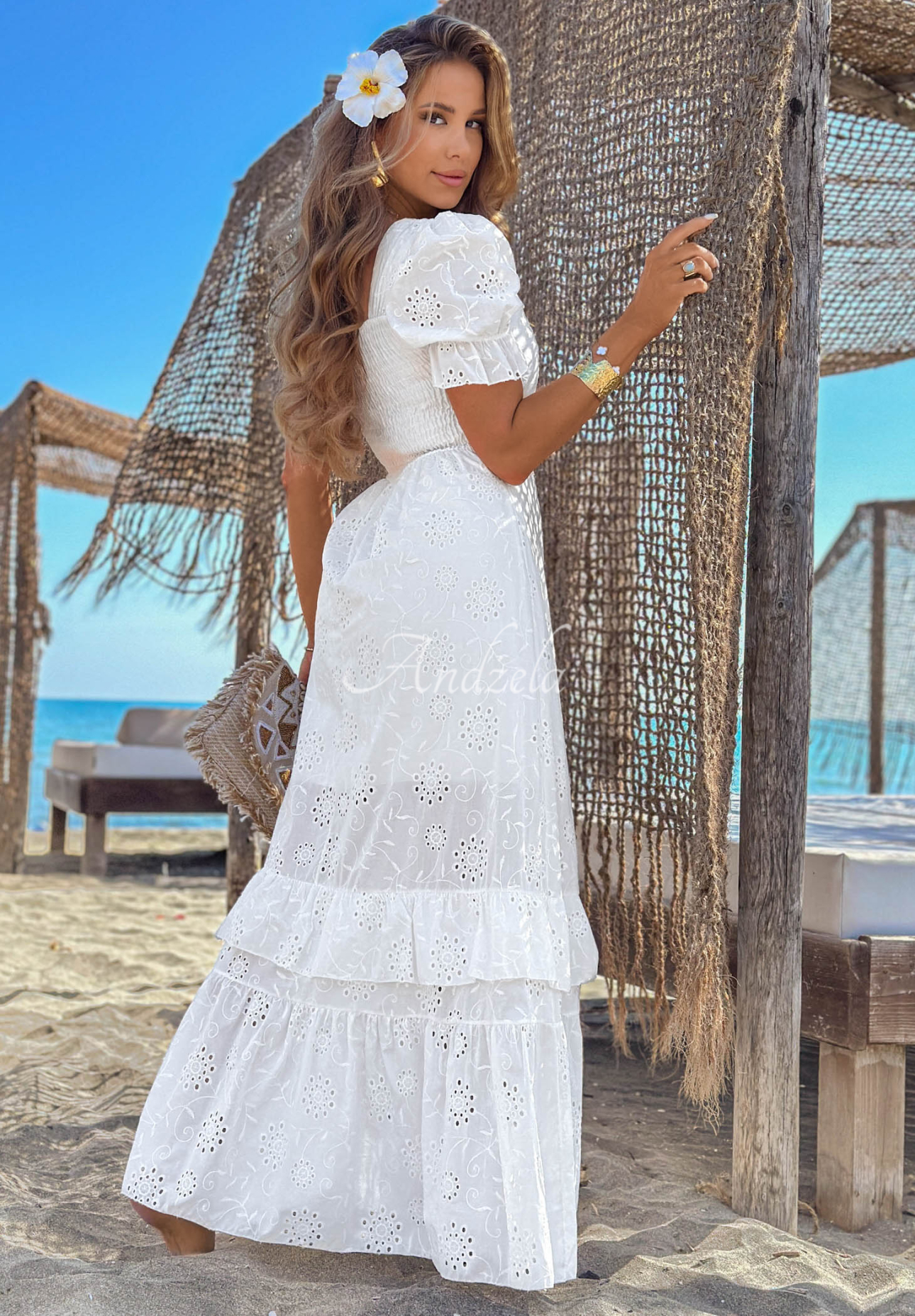 Rochie maxi ajurată cu mâneci bufante boho Pearl Glow