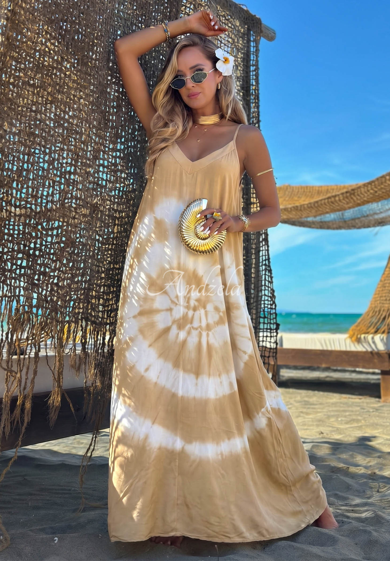 Rochie maxi din viscoză cu bretele tie dye Deep Sea