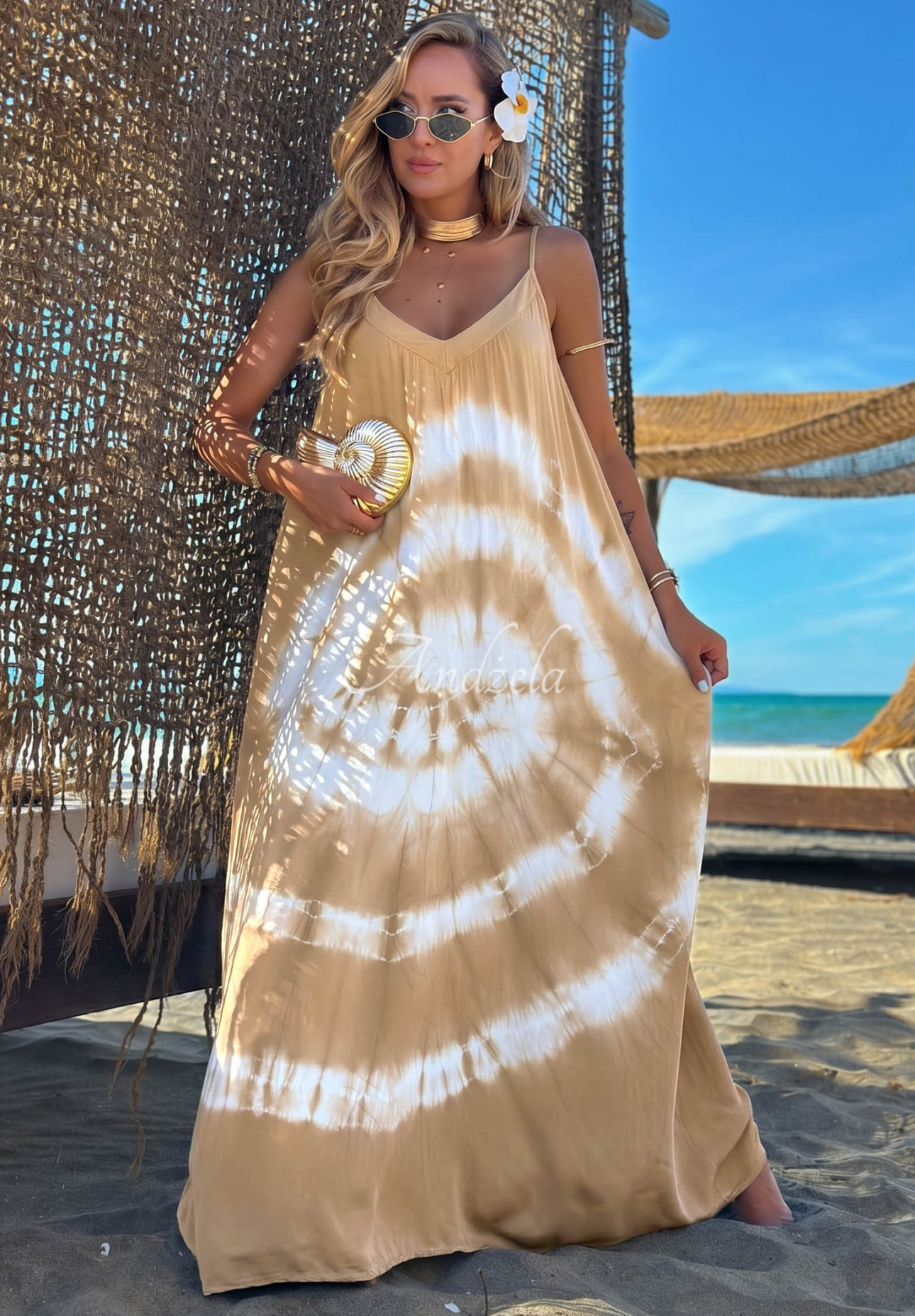 Rochie maxi din viscoză cu bretele tie dye Deep Sea