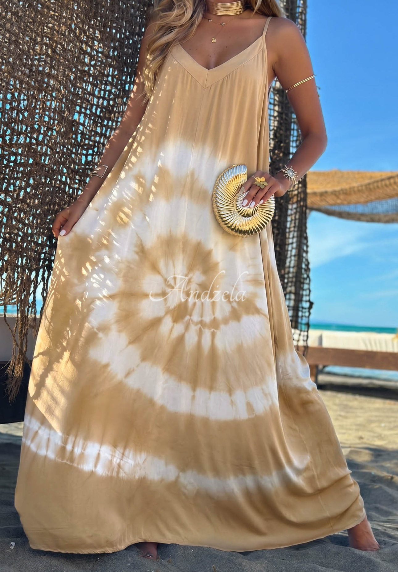 Rochie maxi din viscoză cu bretele tie dye Deep Sea