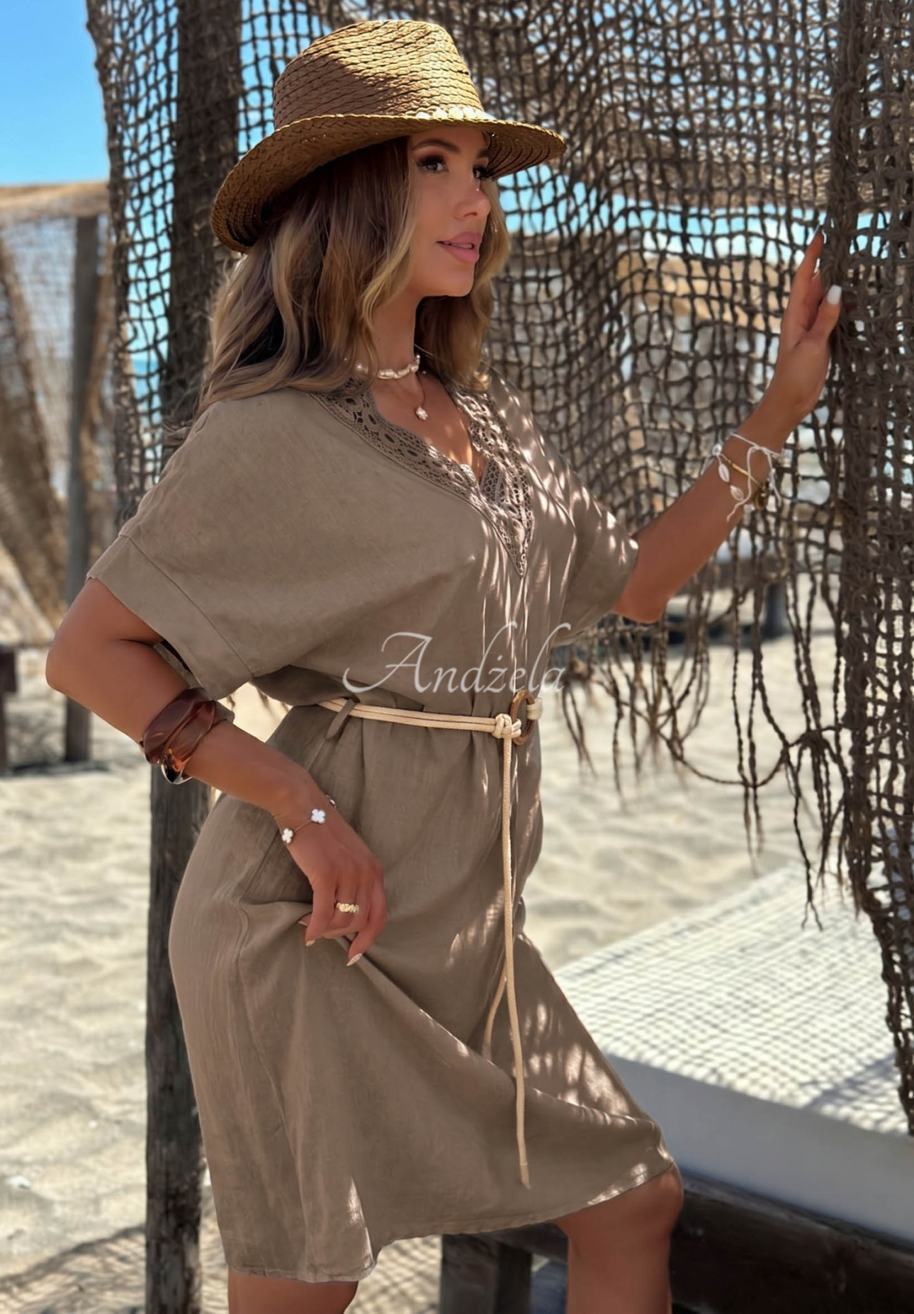 Rochie din in cu dantelă și curea boho Golden Sunset