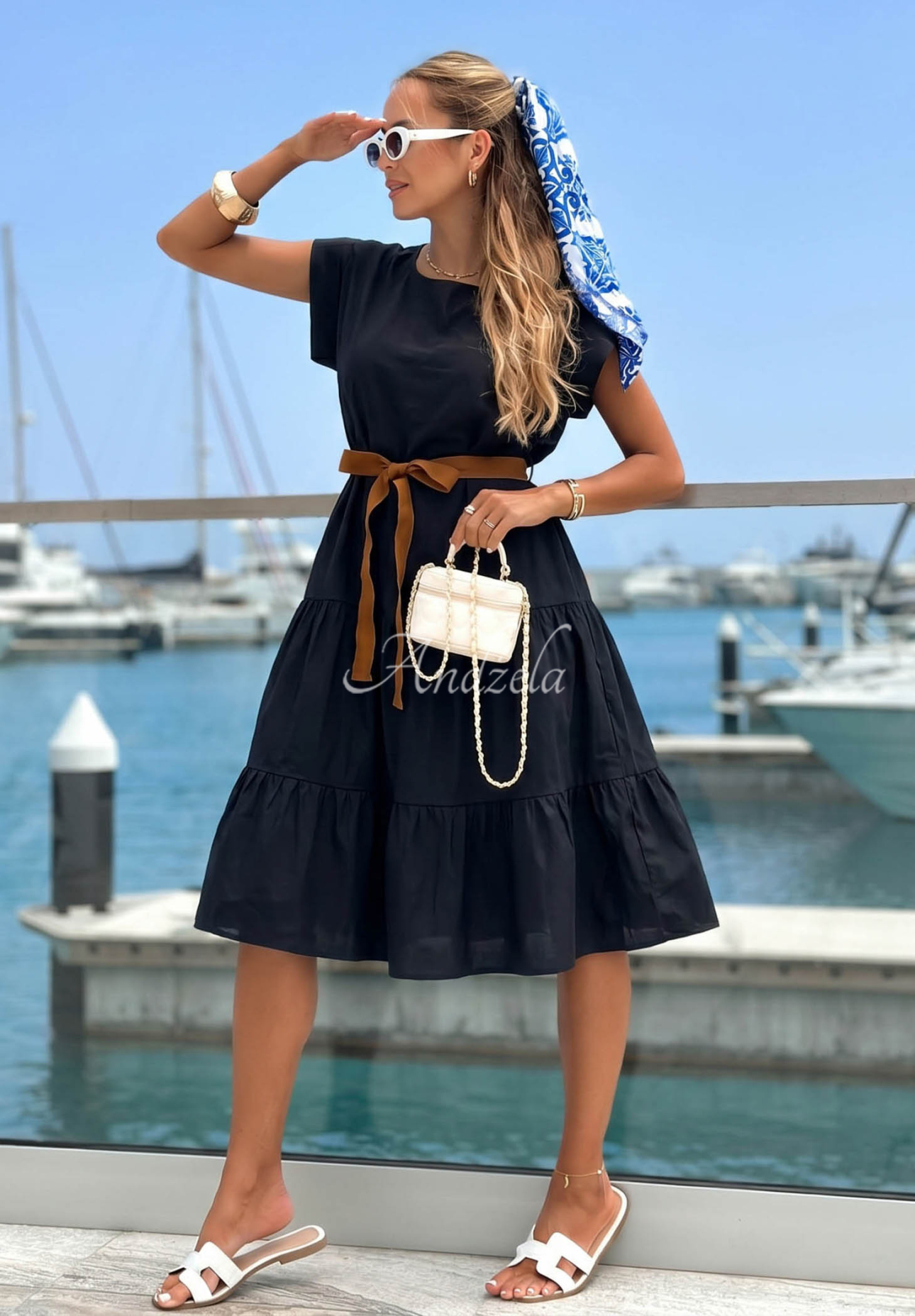 Rochie din bumbac cu volănașe și curea Marina Royale