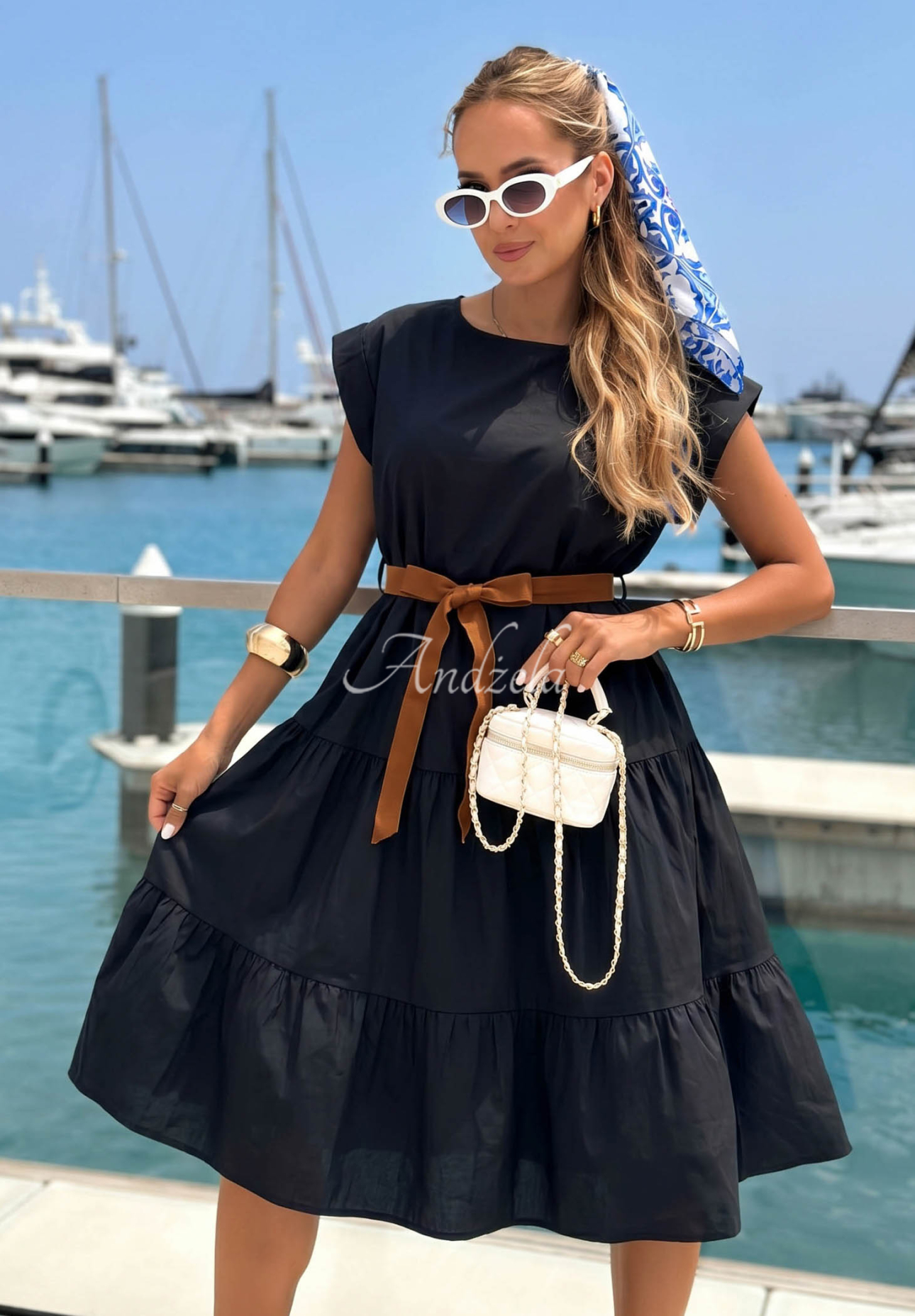 Rochie din bumbac cu volănașe și curea Marina Royale