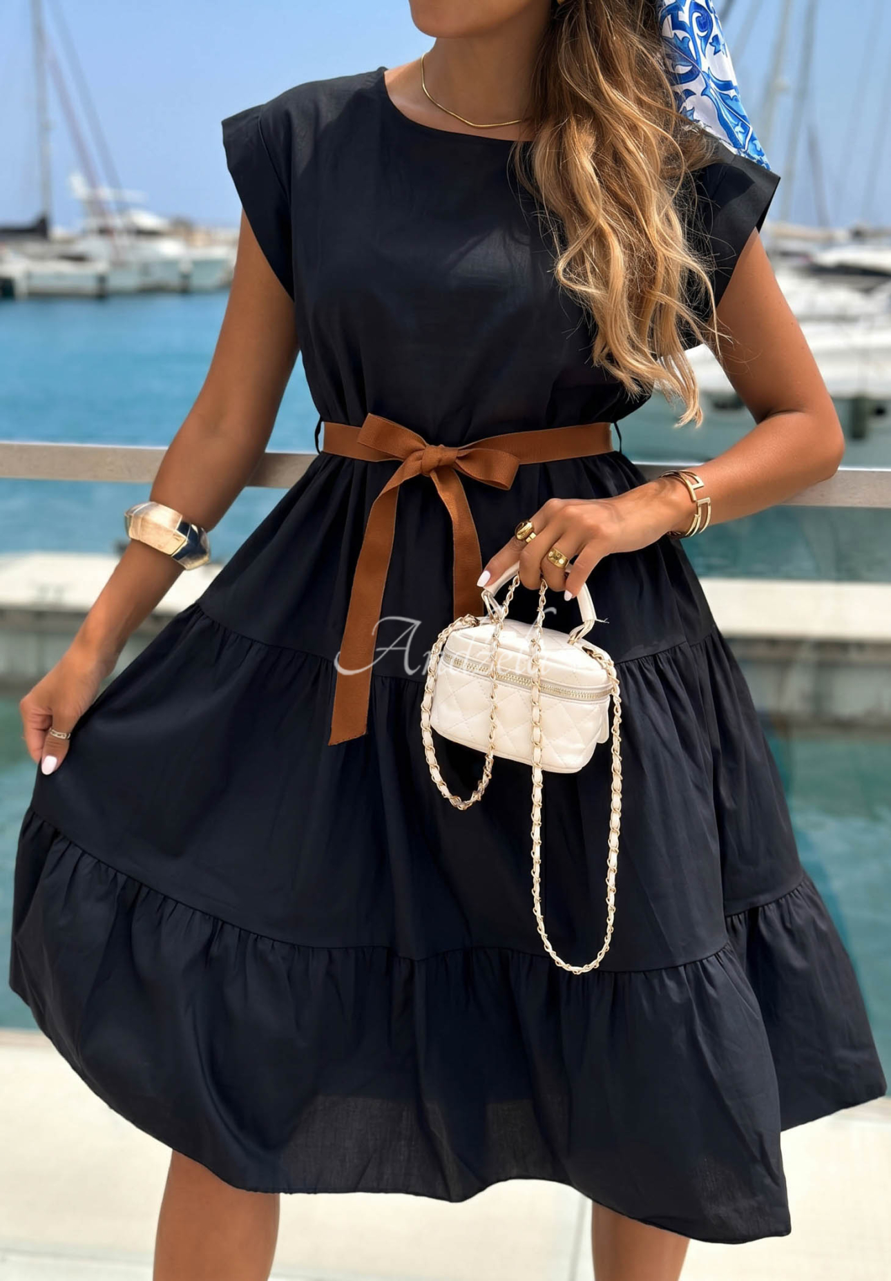 Rochie din bumbac cu volănașe și curea Marina Royale