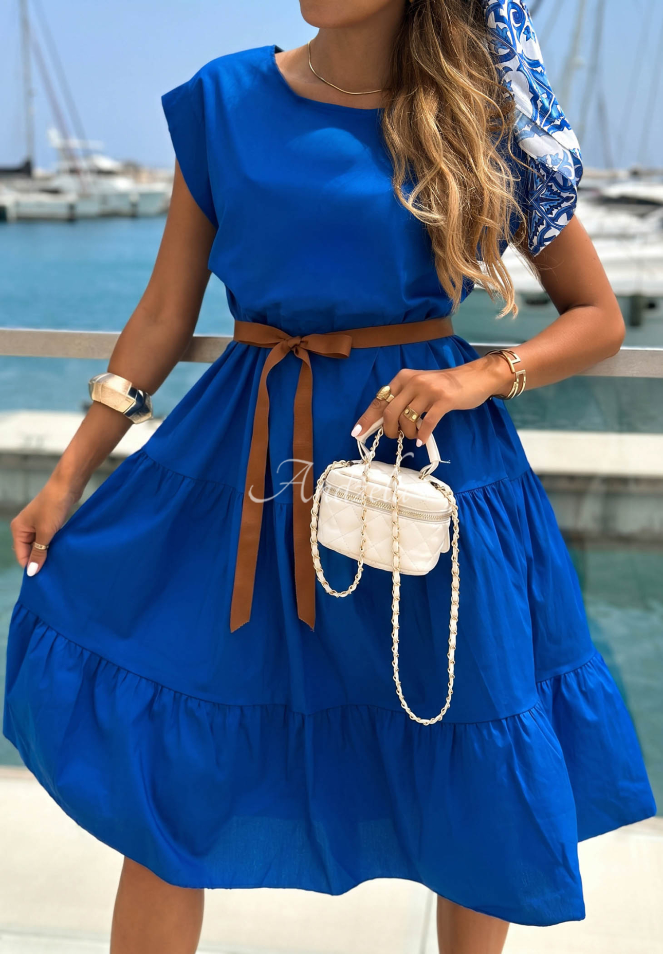 Rochie din bumbac cu volănașe și curea Marina Royale