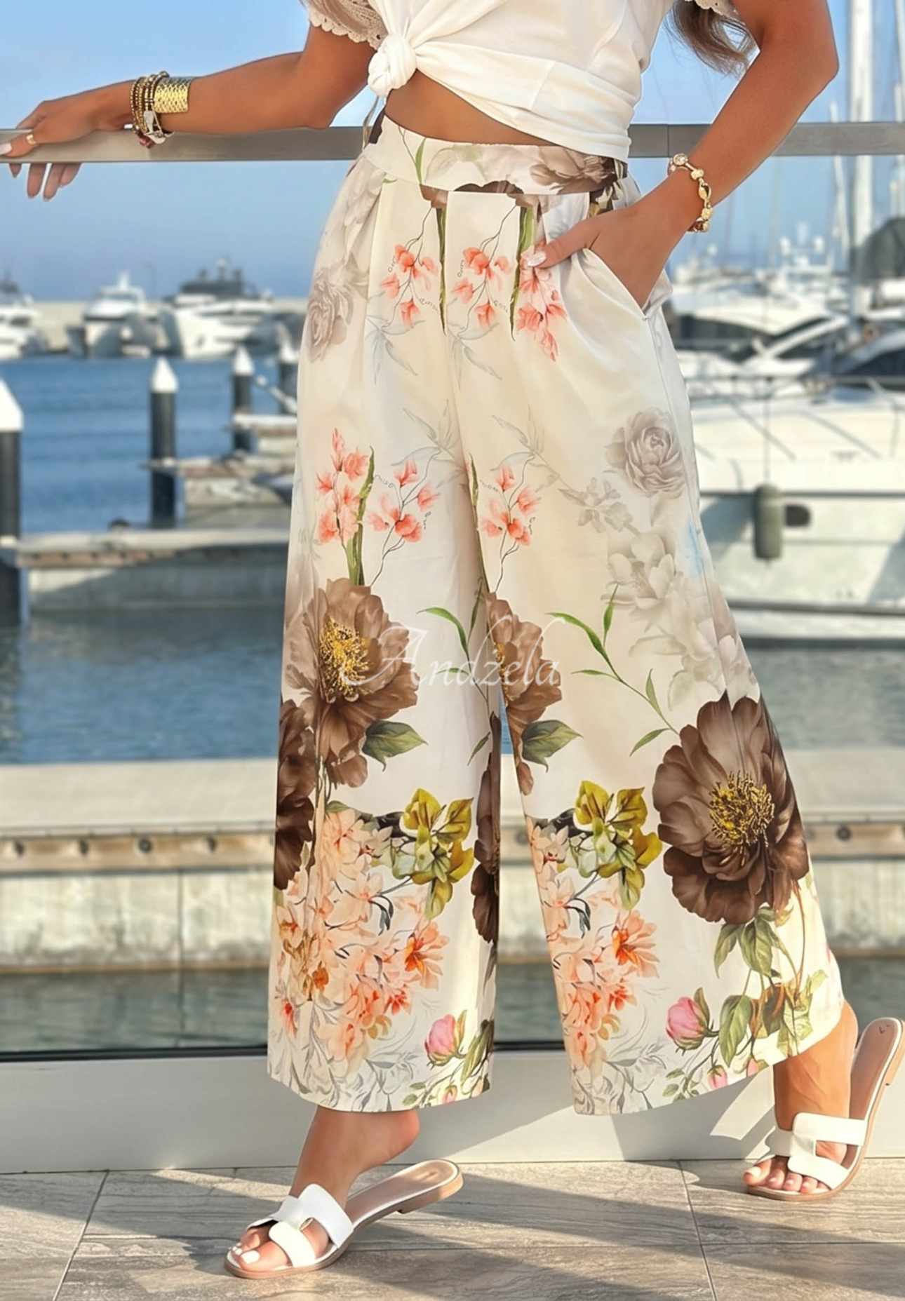Pantaloni din material cu imprimeu floral și bumbac Ocean Flora