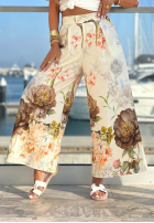 din material textil Pantaloni w kwiaty z bawełny Ocean Flora biało-ciocolatii