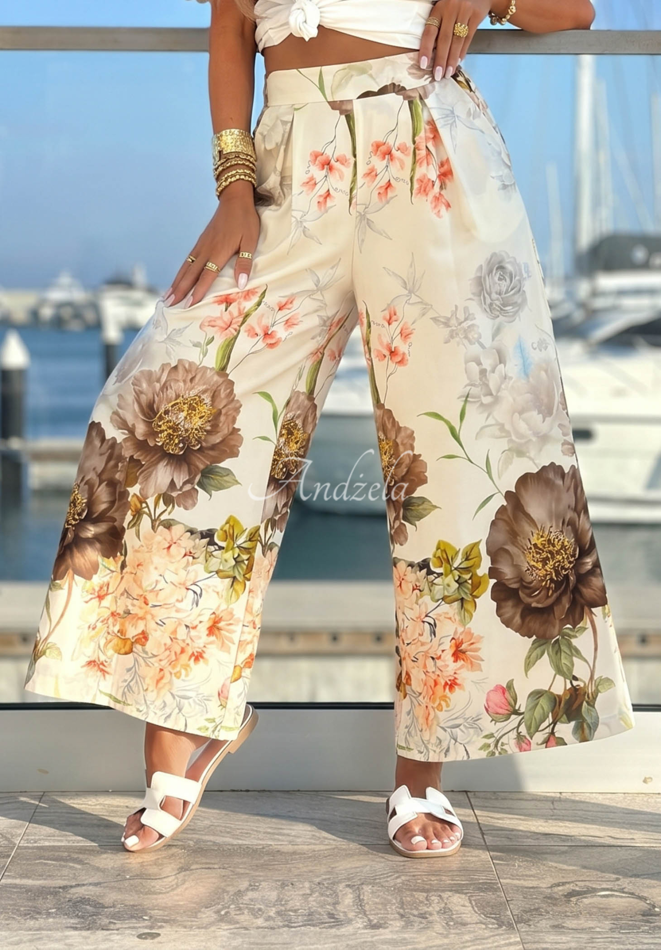 Pantaloni din material cu imprimeu floral și bumbac Ocean Flora