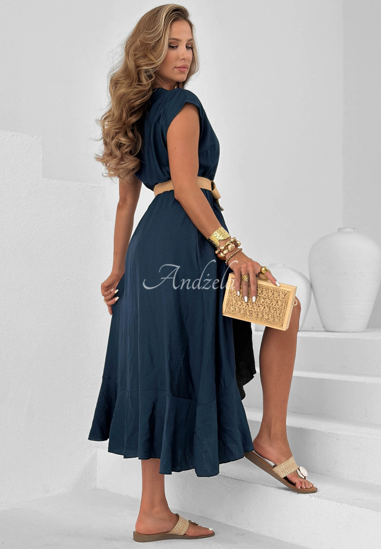 Rochie midi din viscoză cu volănașe și curea Night Sea