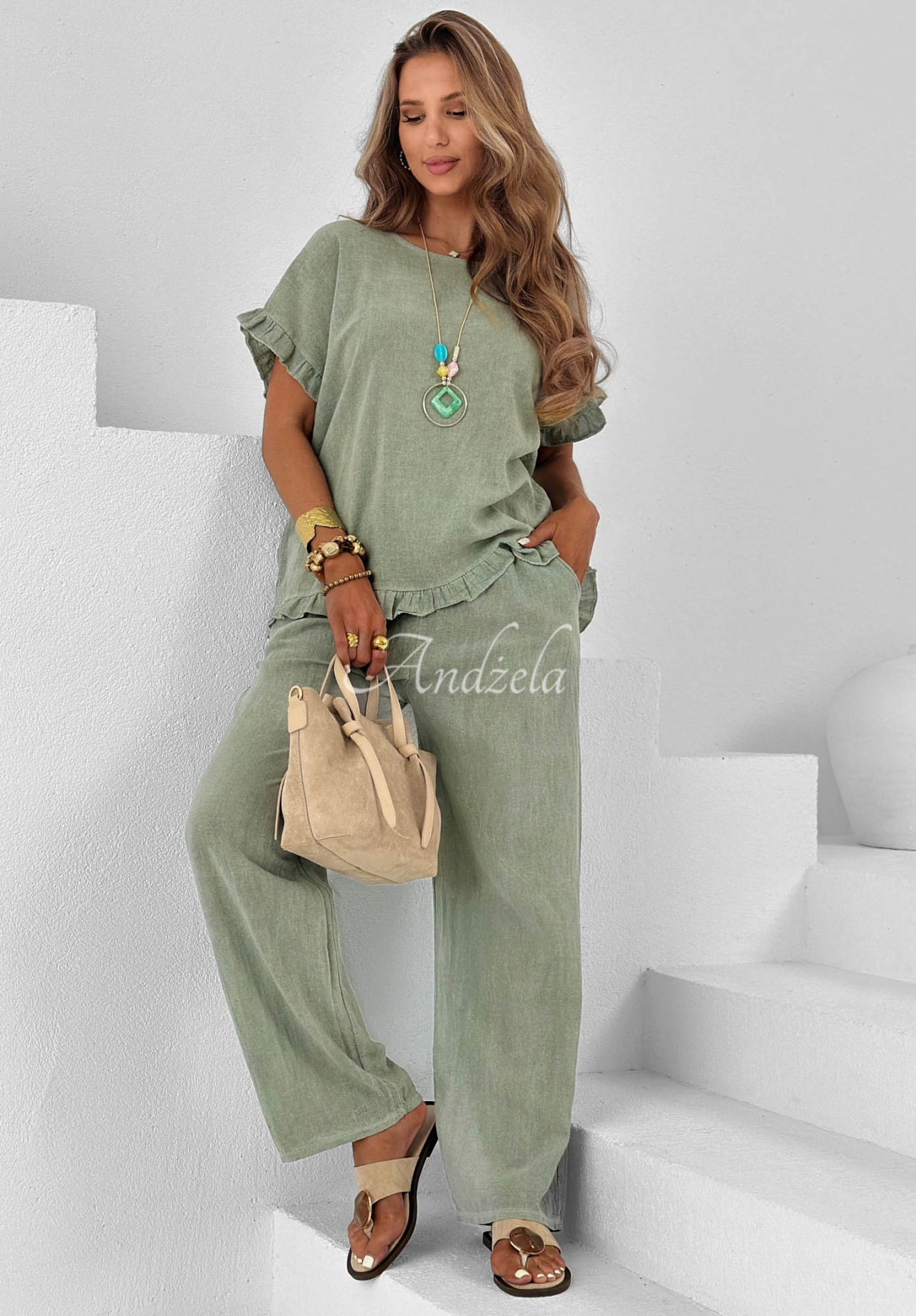 Set din bumbac cu bluză și pantaloni wide leg cu in Summer Breeze