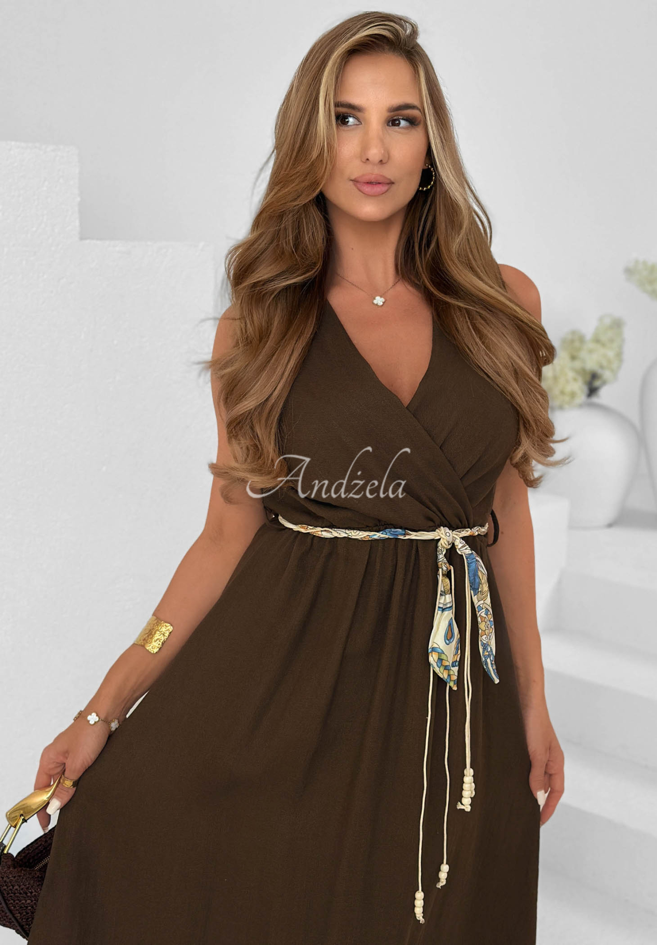 Rochie midi din viscoză cu bretele și curea Sea Poetry